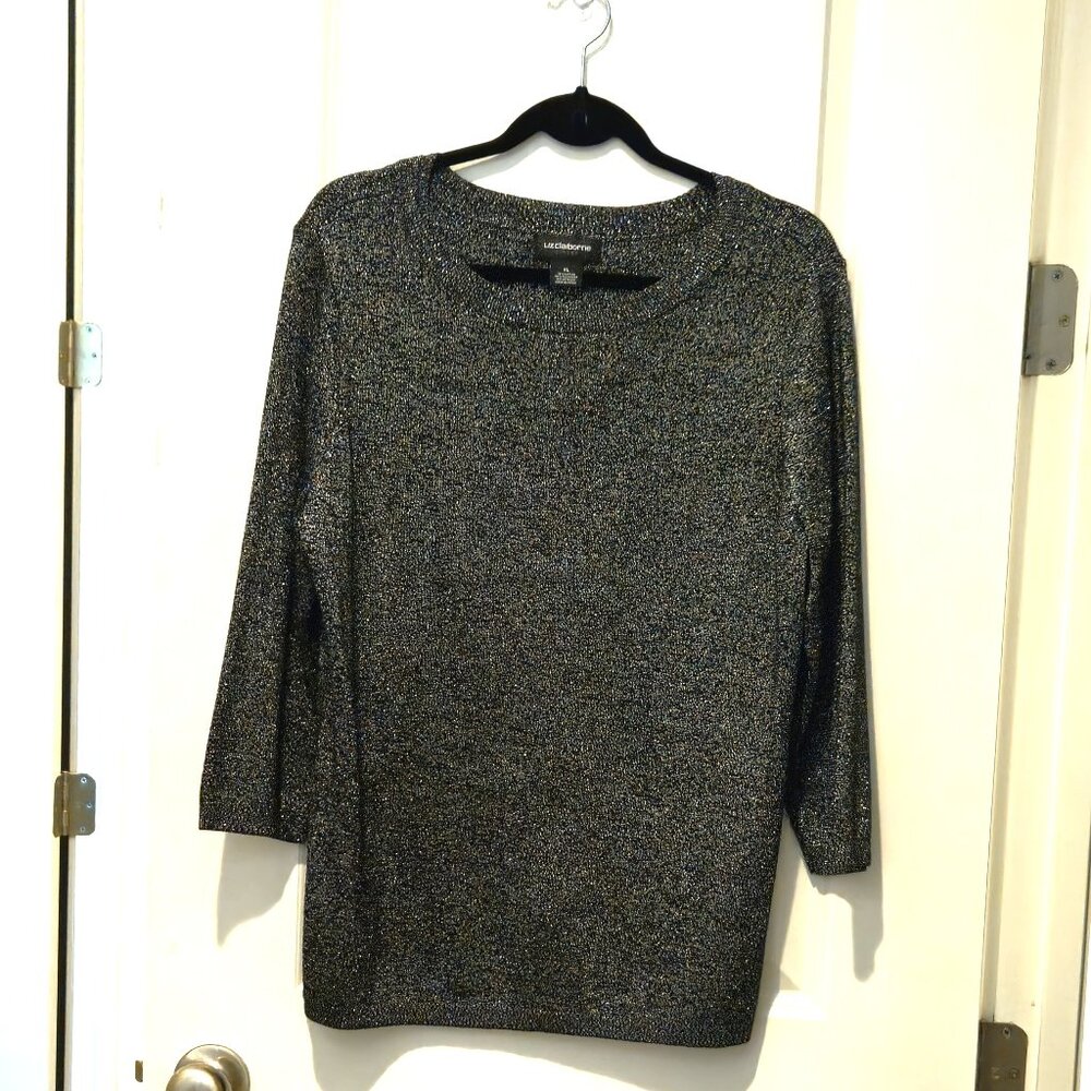 Liz Claiborne Career, black with silver & gold metallic threads, XL, 3/4 sleeve